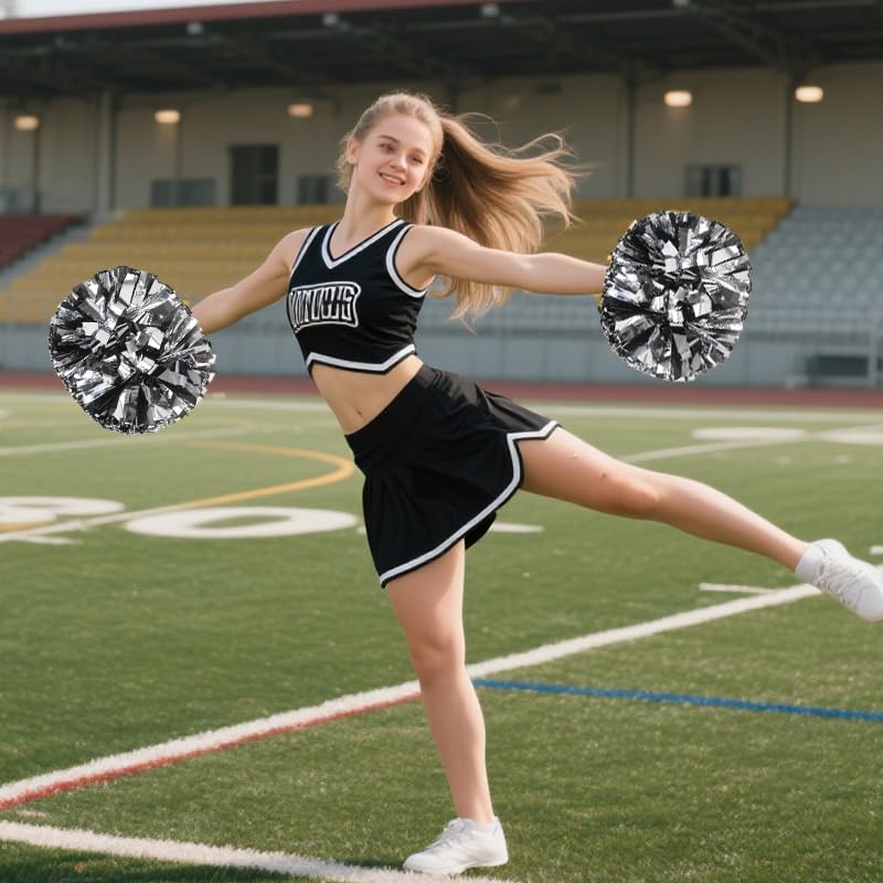 Hooshing 2PCS Black and Silver Pom Poms Cheerleading with Baton Handle for Team Spirit Sports Dance Cheering - Image 5
